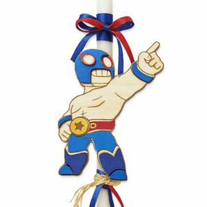 Πασχαλινή Λαμπάδα με Ξύλινη Φιγούρα Παλαιστή σε Μπλε & Κόκκινο