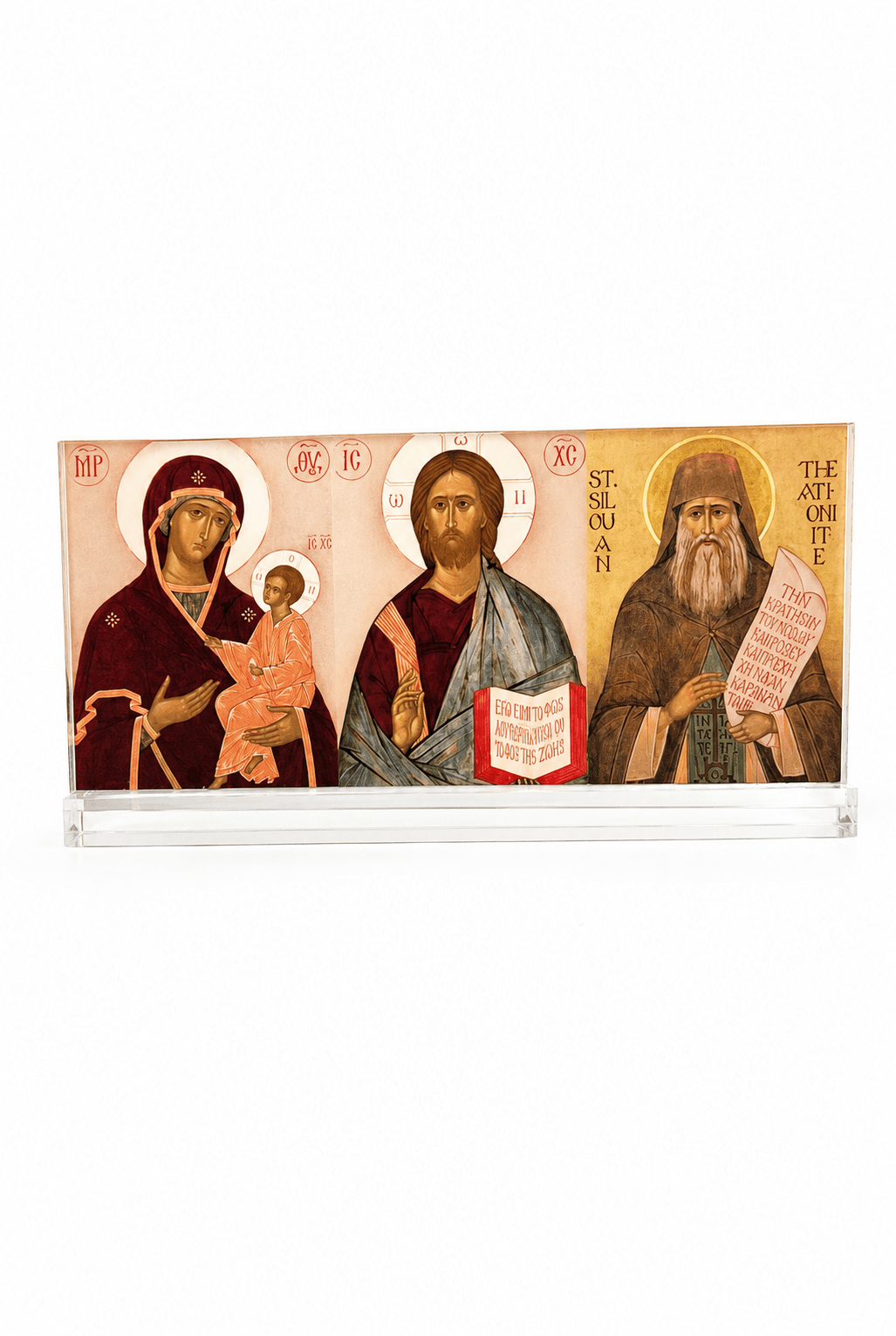 Ακρυλική Εικόνα με Διάφανη Βάση – Παναγία, Ιησούς Χριστός & Άγιος Σιλουανός