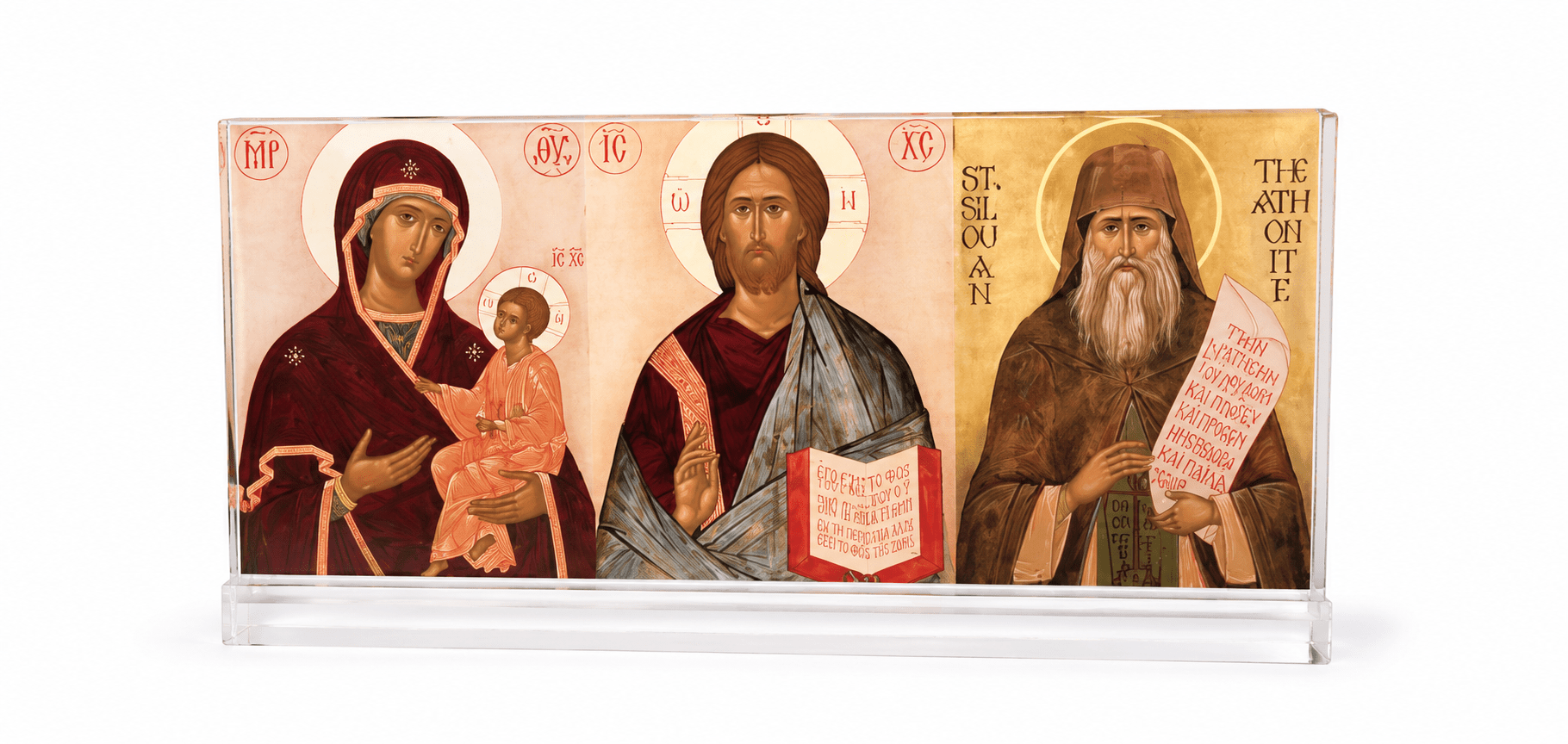 Ακρυλική Εικόνα με Διάφανη Βάση – Παναγία, Ιησούς Χριστός & Άγιος Σιλουανός - Image 3
